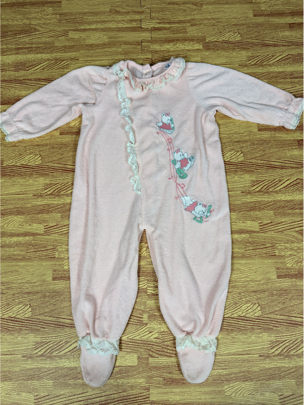 Vintage Carter’s Pink Terry Cloth Footed Sleeper Lace Bears USA L